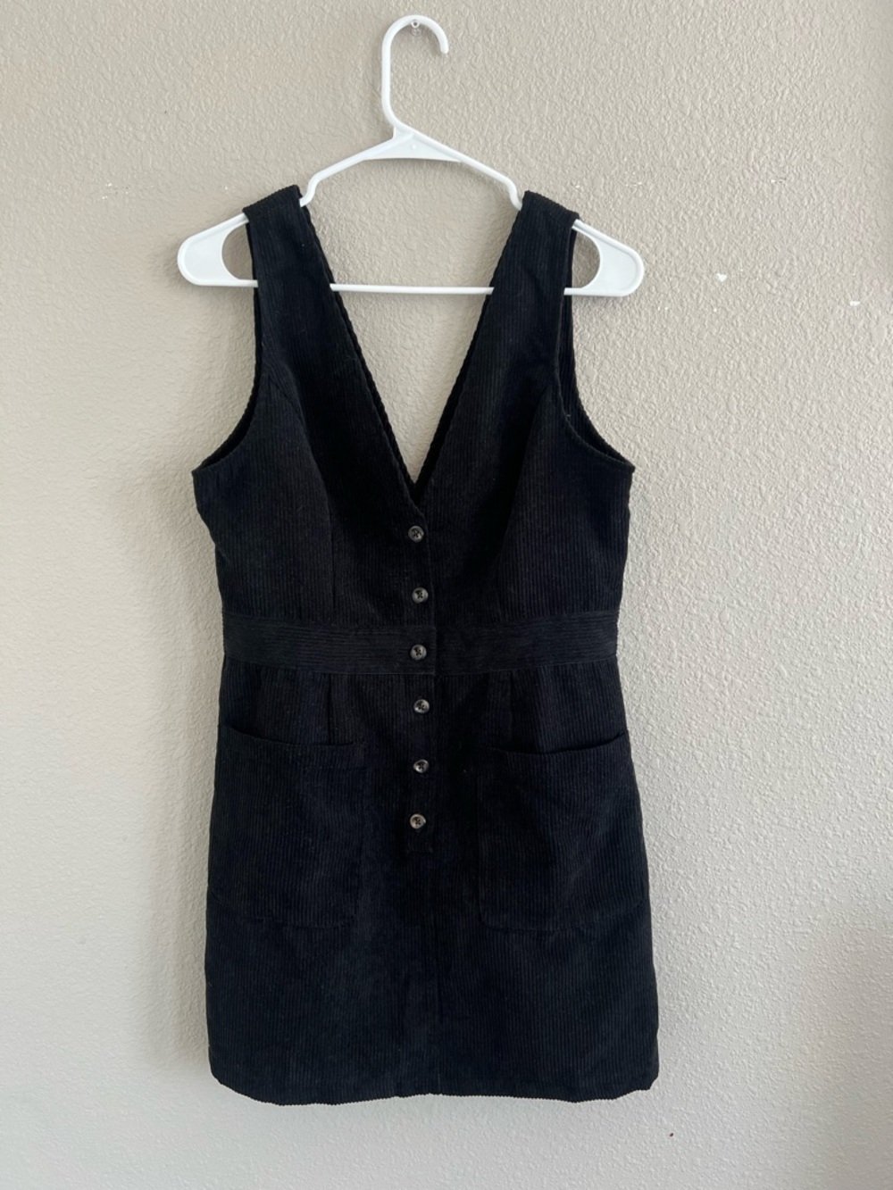 SHEIN Black Corduroy V-Neck Button Mini Dress
